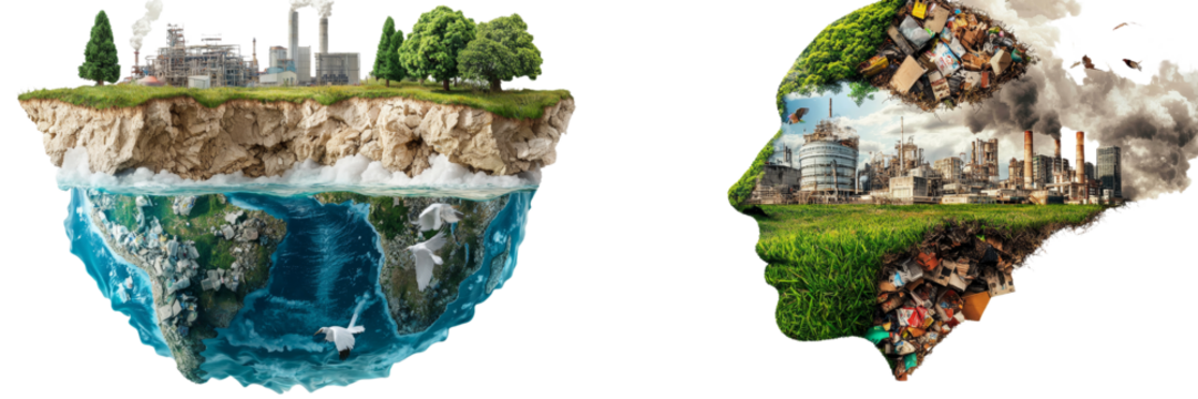 Imaginary landscapes contrasting nature and industry showcasing balance and sustainability in a creative design