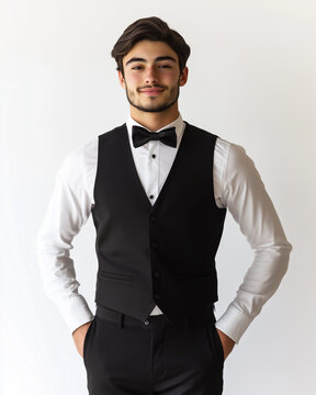 A handsome young male bartender wearing a black vest and bow tie, a white shirt, and pants, standing with his hands in his pockets and smiling slightly at the camera. Magazine cover