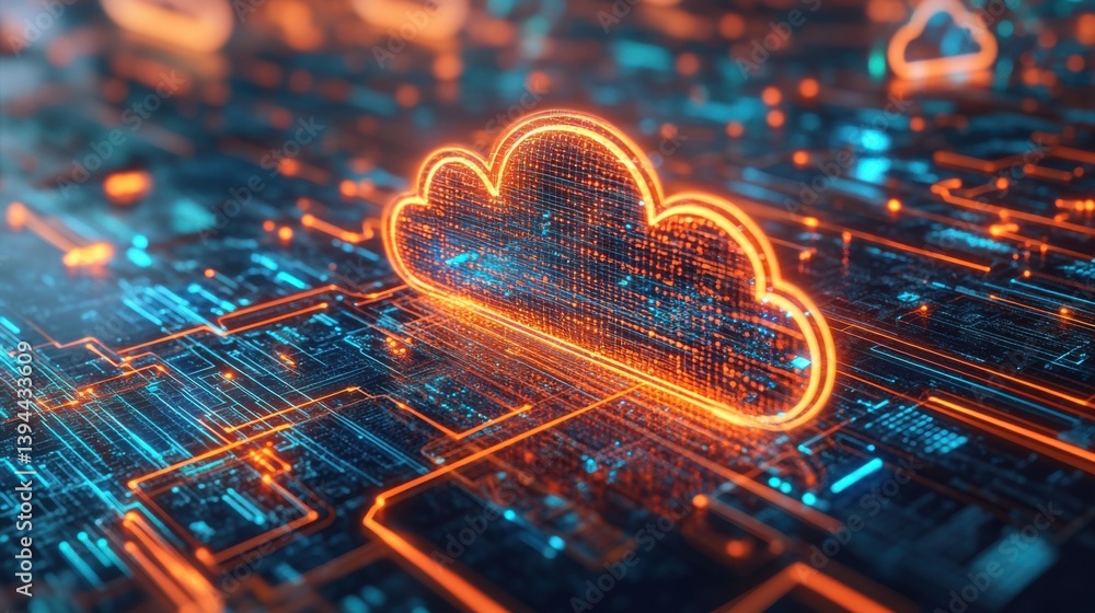Poster a vibrant digital illustration of a glowing cloud symbol over a network of data connections, represe