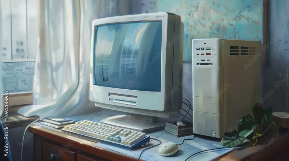 Poster an office computer on a desk with a mouse and keyboard.