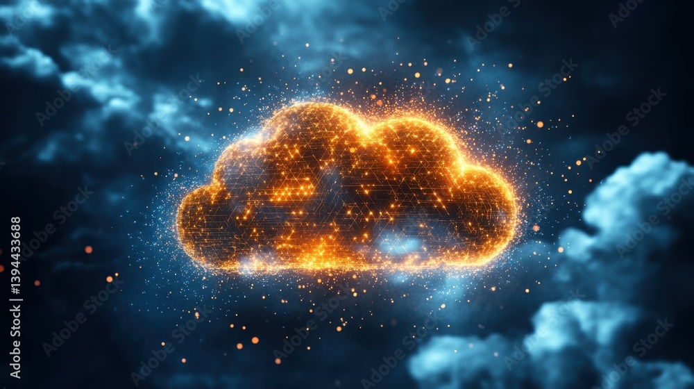 Poster A digital representation of a glowing cloud surrounded by sparkles and dark clouds, symbolizing technology and data storage.