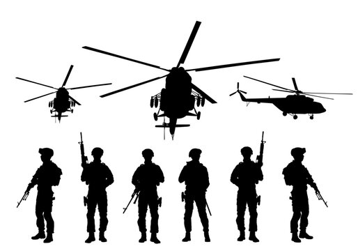 Army soldiers with rifle on duty vector silhouette illustration isolated. Soldier keeps watch on guard. Rangers on border. Commandos helicopter team unit. Special force crew protect people by chopper.