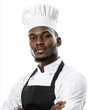 A handsome African American male chef in his white uniform and hat, isolated against a white solid color background. 