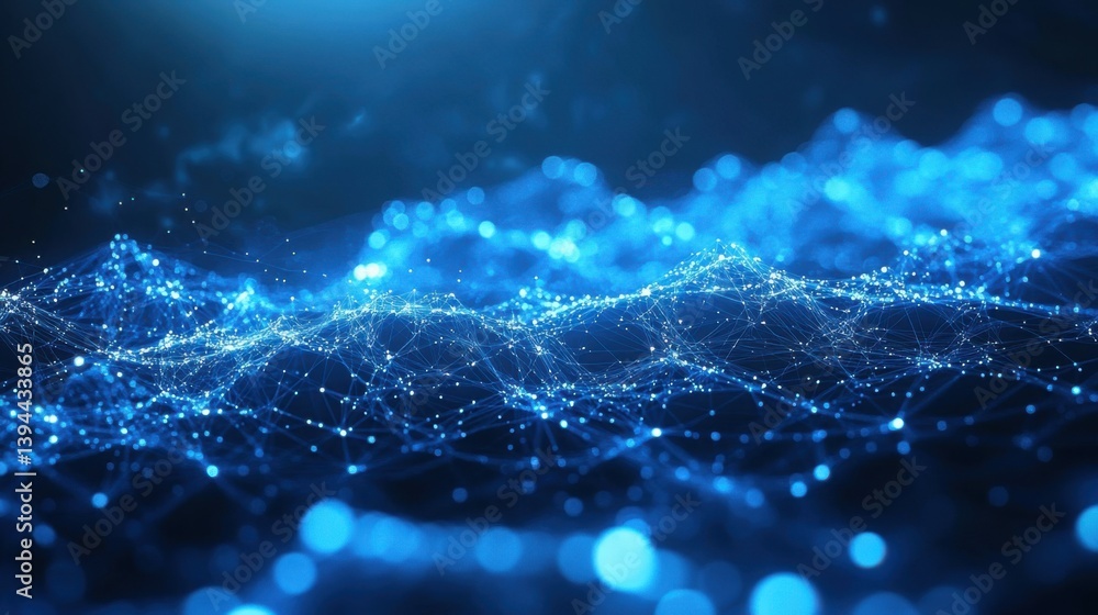 Poster a vibrant digital landscape featuring interconnected nodes and blue waves, symbolizing technology an