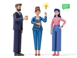 3D people discussing ideas symbolize brainstorming and collaboration. 3d rendering, conceptual image. Isolated on white background.