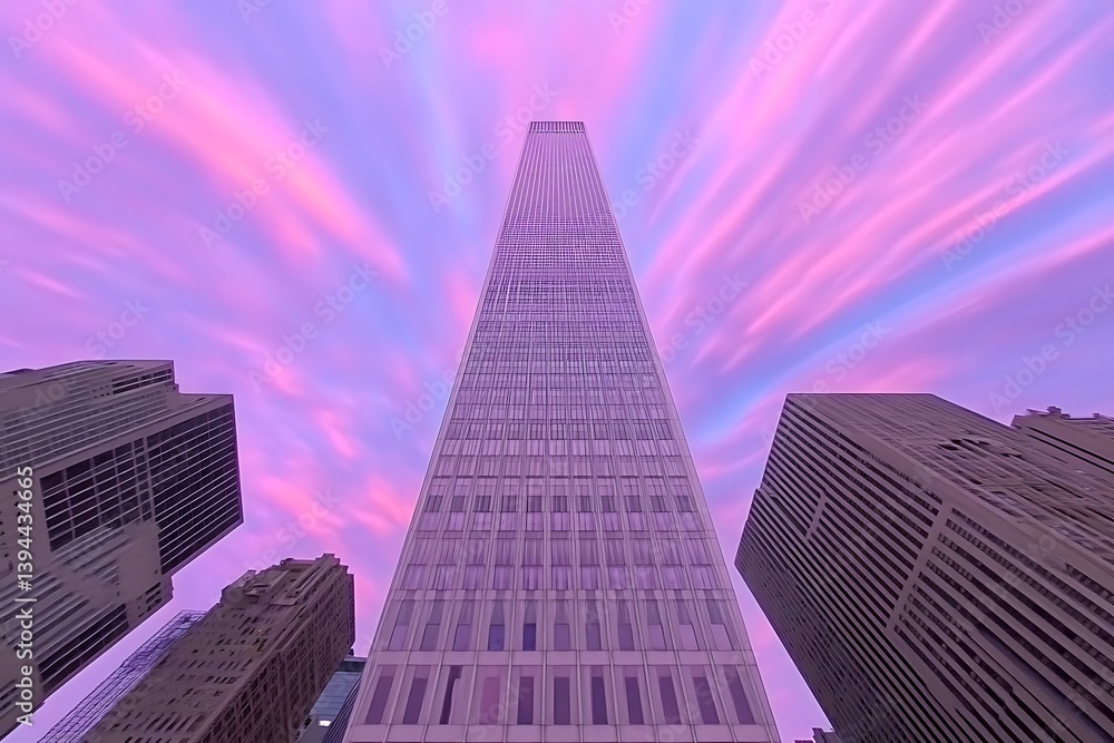 Poster a tall skyscraper dominates the image with colorful clouds above