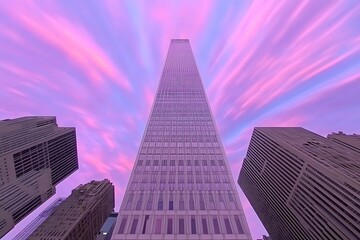 A tall skyscraper dominates the image with colorful clouds above