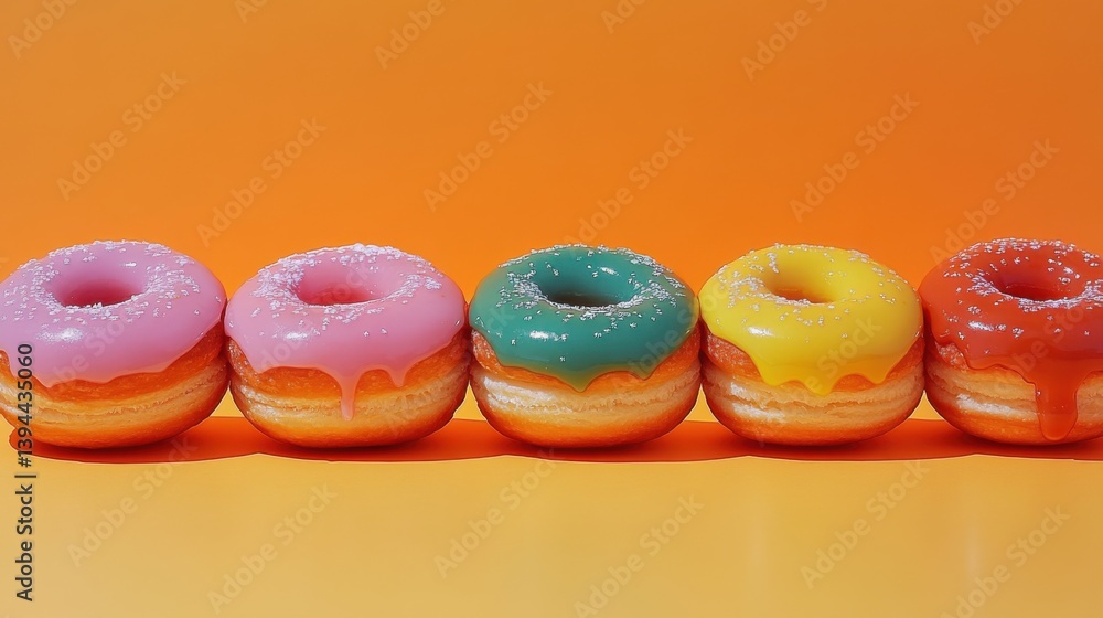 Poster five colorful donuts with shiny icing and sprinkles are lined up against a vibrant orange background