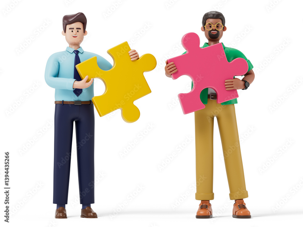 Poster 3d people holding puzzle pieces symbolize teamwork and problem-solving. 3d rendering, conceptual ima
