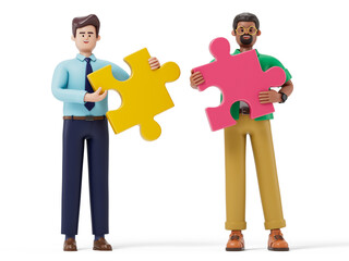 3D people holding puzzle pieces symbolize teamwork and problem-solving. 3d rendering, conceptual image. Isolated on white background.