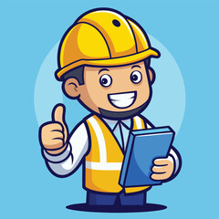 Retro Style Cartoon Construction Worker Character with Thumbs Up and Clipboard