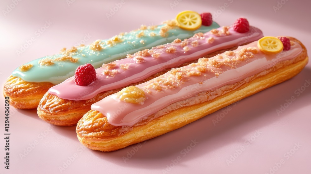Poster three colorful eclairs topped with shiny icing and garnished with raspberries and lemon slices on a 