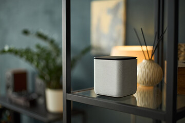 Stylish smart speaker displayed on a sleek shelving unit with contemporary decor elements, plant...