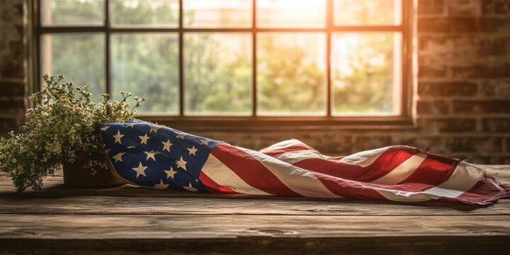 American Flag on Rustic Wood Table by Window - Patriotism, Memorial Day, Independence Day Image
