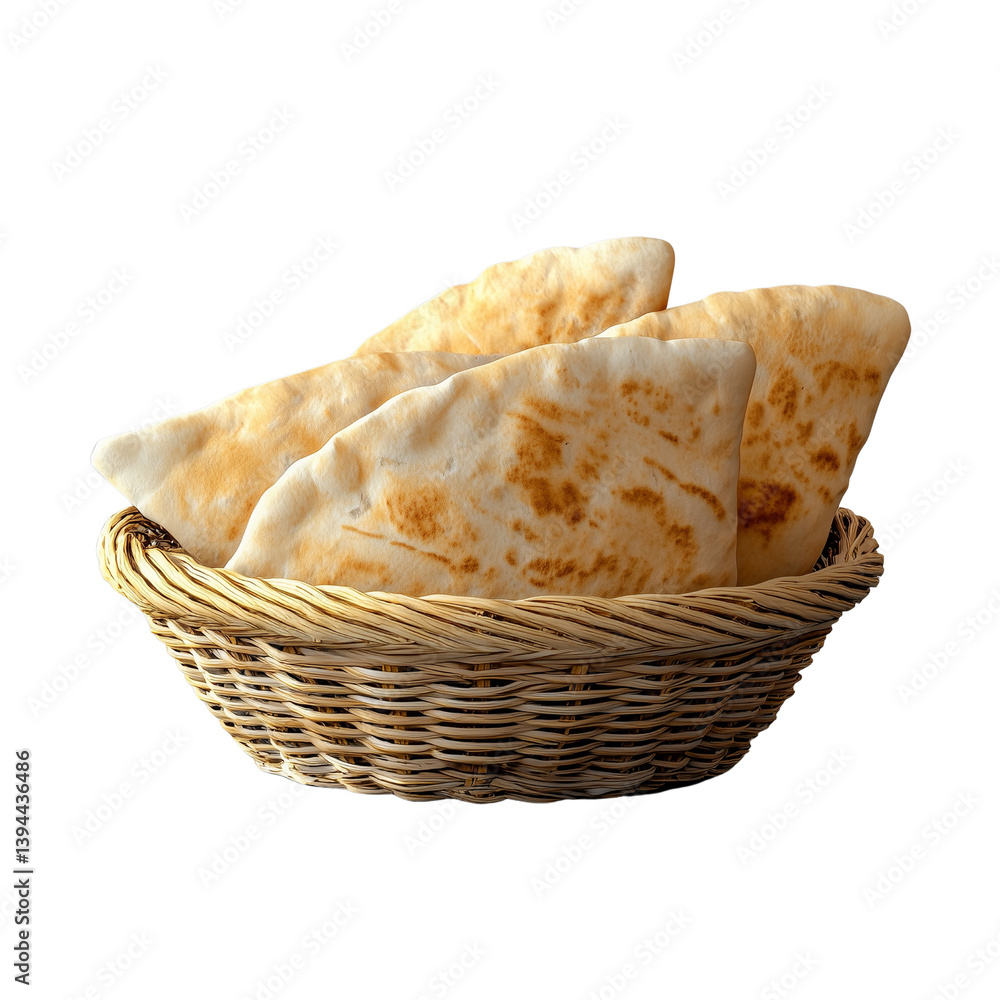 Poster a woven basket containing several pieces of flatbread, showcasing a rustic and appetizing appearance