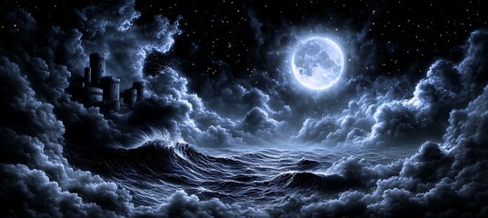 A dramatic night scene with a moon over a stormy sea