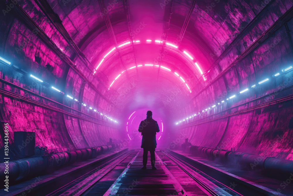 Aufkleber a lone figure stands in a futuristic tunnel illuminated with vibrant pink and blue neon lights, crea