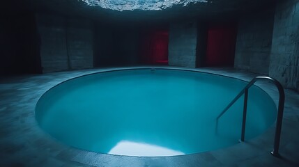 A dimly lit subterranean pool of tranquil turquoise water