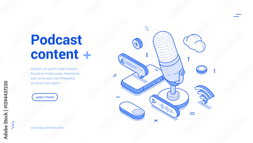 Poster podcast multimedia content creating blog vlog isometric web banner vector illustration. interview ra