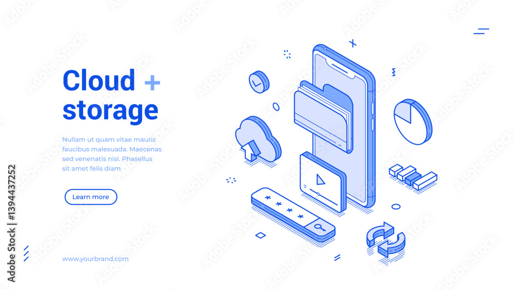 Poster cloud storage smartphone multimedia personal content isometric web banner vector illustration. digit