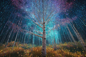Enchanted Birch Tree in a Mystical Night Forest. Generative AI.