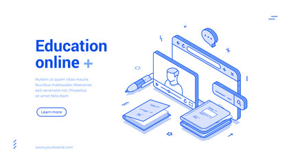Online education video lesson distance tutorial e learning isometric web banner vector illustration. Internet educational course college university studying information browser searching landing page