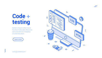 Code testing programming soft development information technology isometric web banner vector illustration. IT program coding test control bug checking digital analyzing landing page design template