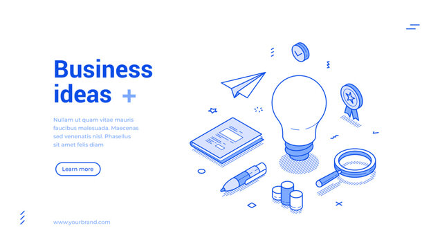 Business innovation idea startup strategy brainstorming isometric web banner vector illustration. Creative solution generation productivity and efficiency landing page design template
