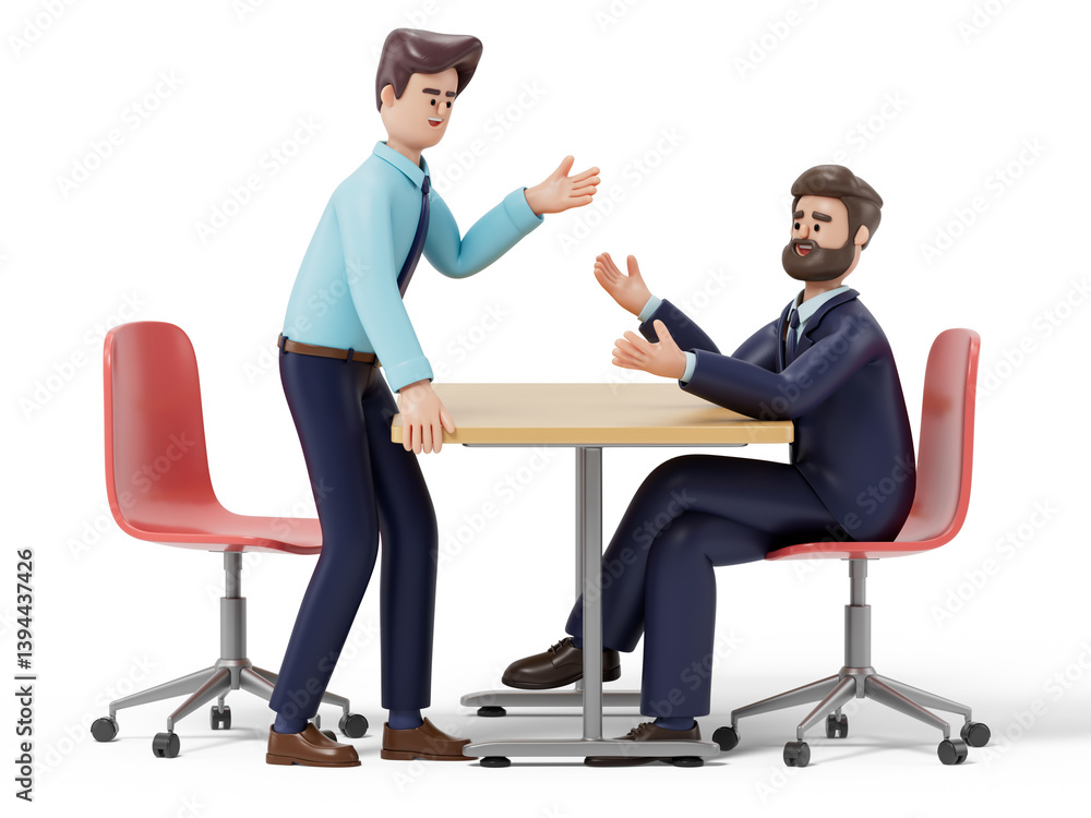 Poster 3d men discuss over a table, symbolizing collaboration and communication. 3d rendering, conceptual i