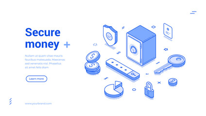 Money secure banking safe financial storage protection isometric web banner vector illustration. Bank finance protect security user verification authentication password investment wealth savings