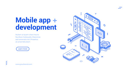 Mobile app development big data software engineering coding isometric web banner vector illustration. Programming code cyberspace analysis information smartphone application digital technology