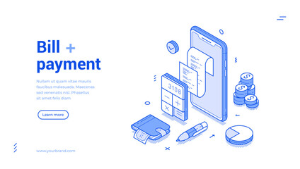 Bill payment shopping service paying checkout smartphone application isometric web banner vector illustration. Financial banking invoice receipt digital commercial retail purchase mobile phone app