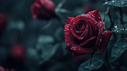   A detailed image of a vividly-colored rose, adorned with droplets of water, and positioned against a lush, verdant backdrop