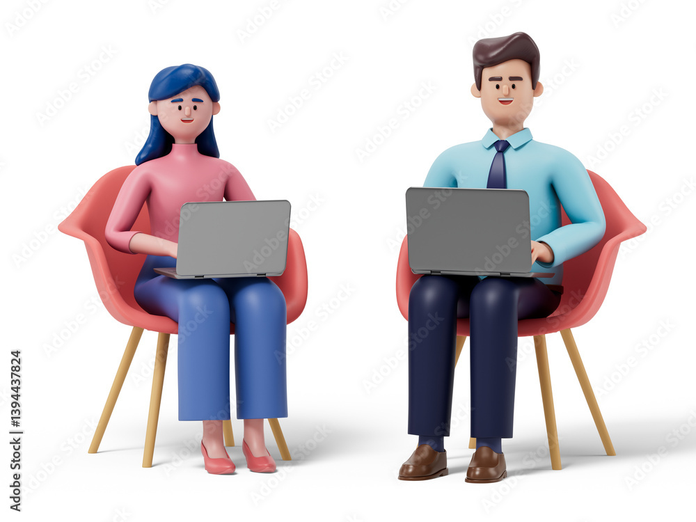Poster 3d people working on laptops symbolize remote collaboration and digital productivity. 3d rendering, 