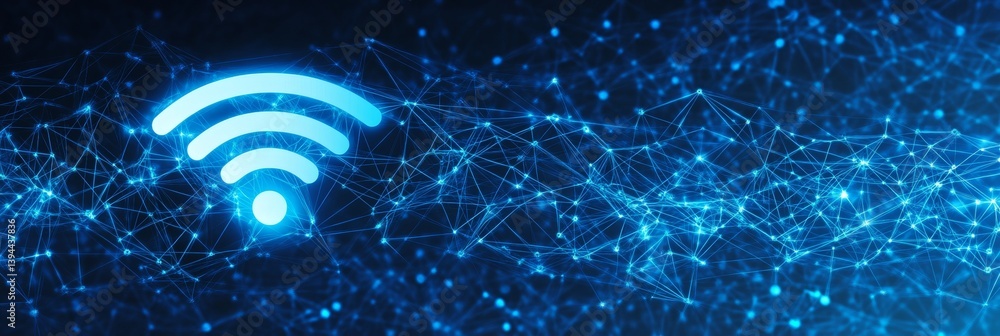 Poster glowing wifi signal on abstract blue technology background with connecting lines and dots