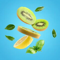 Fototapeta premium Fruit and green leaves falling through the air, kiwi slices, lemon wedges, lime wedges, on a blue background, kiwi and lemon