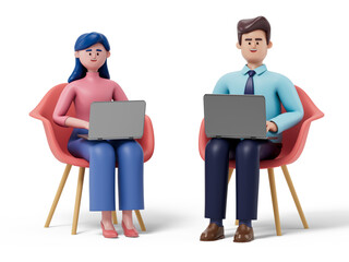 3D people working on laptops symbolize remote collaboration and digital productivity. 3d rendering, conceptual image. Isolated on white background.