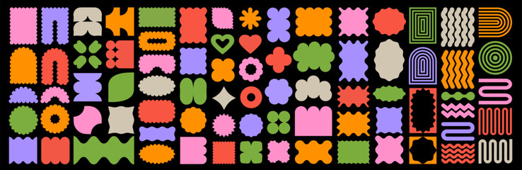 Set of brutal contemporary y2k figure, spiral flower, psychedelic squiggle frame, sun burst, doodle star, circle, text message box, label, comic sticker or groovy silhouette pattern in brutalist style