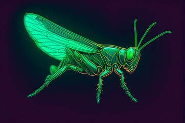 Futuristic Vector Illustration of a Neon Green Grasshopper. Generative AI.