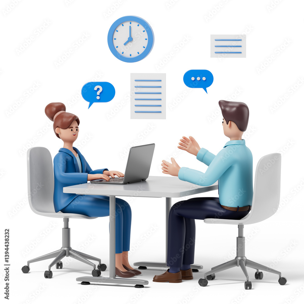 Poster 3d woman and 3d man discuss work, symbolizing collaboration and problem-solving. 3d rendering, conce