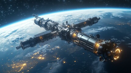 Obraz premium Space Station Orbiting Earth with Stars in Background