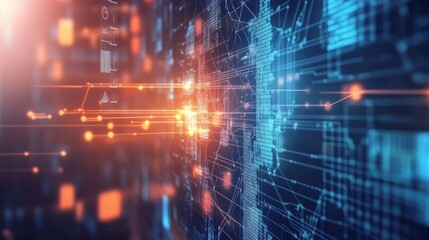 Obraz premium A vibrant digital network visualization with glowing connections and abstract data patterns, suggesting technology and innovation.