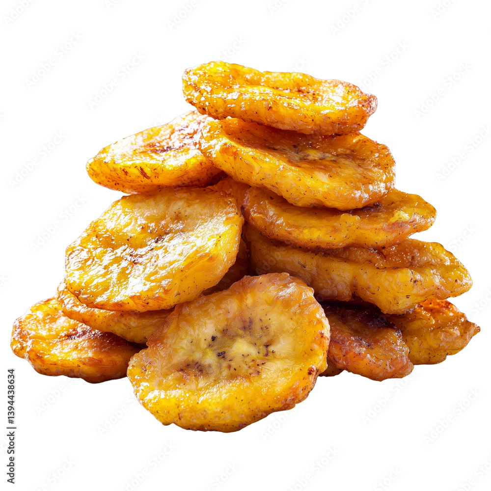 Poster dried banana slices stacked in a pyramid formation showcasing their textured surface and vibrant yel