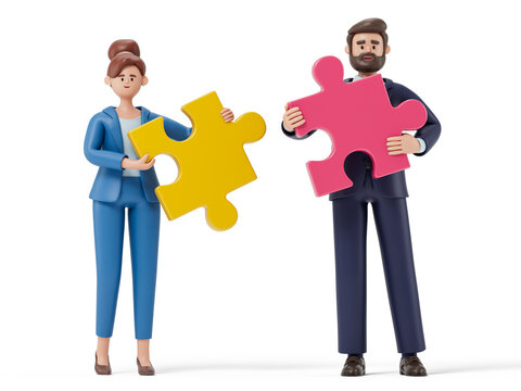 3D people holding puzzle pieces symbolize teamwork and problem-solving. 3d rendering, conceptual image. Isolated on white background.
