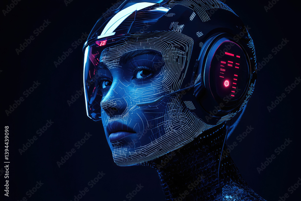Poster futuristic female cyborg with digital patterns on her face and helmet, illuminated by blue and red l