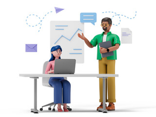 3D man presents to 3D woman, symbolizing collaboration and information sharing. 3d rendering, conceptual image. Isolated on white background.