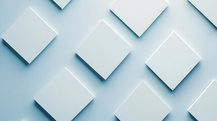 Floating geometric squares on a pale blue surface, Clean angular shapes creating a minimalist, structured composition