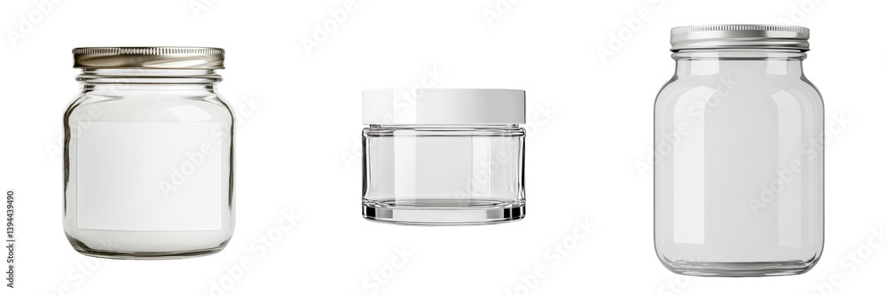 Poster minimalist mockups featuring clear glass jars with various shapes and sizes for product display