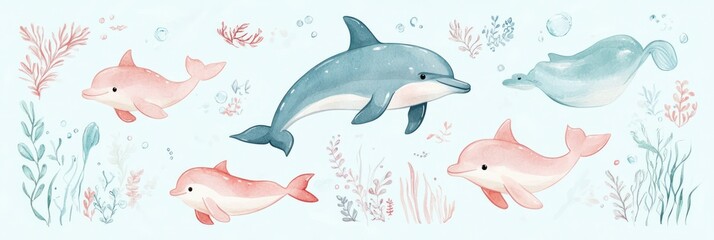 Obraz premium Sticker sheet with cute illustrations of dolphins