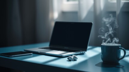 Fototapeta premium Laptop, coffee, phone, and earbuds on a desk.